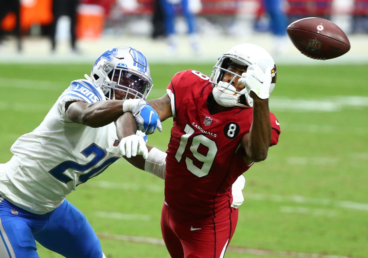 Oruwariye breaks up a pass intended for Arizona Cardinals receiver KeeSean Johnson.